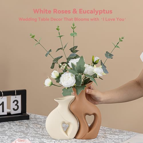 Heart Linked Couple Vase Set - 2-Pcs Beige & Brown Ceramic Vases with Hollow Heart Design, Romantic Gifts for Couples, Wedding Decor for Couple,Decorative Vase for Living Room/Dresser - color: Heart Linked Couple