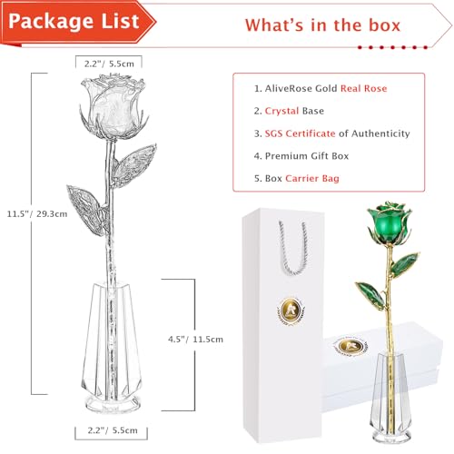 AliveRose 24k Gold Dipped Rose, Gold Rose Made from Real Rose - Unique Design 24K Dipped Rose for Anniversary Valentines Mothers Day Birthday Gifts (Green Original with Crystal Vase) - color: 3. Green Original Rose With Crystal Vase