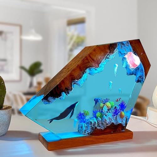 Ocean Creative Epoxy Resin Wood Light Lamp, Handmade Multi Color Aquatic Ocean Lamp Deep Sea Diver Cave Diving Enthusiasts Led Night Light Desktop Decor Christmas Birthday Gift (Jellyfish, S) - color: Jellyfish