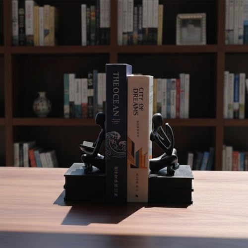 Abstract Resin Reader Bookends Set of 2,Modern Decorative Book Ends for Shelves,Unique Book Shelf Accents & Coffee Table Decor,Reading Bookend Statue for Home Office Library (Black, Thinker Bookends) - color: Black