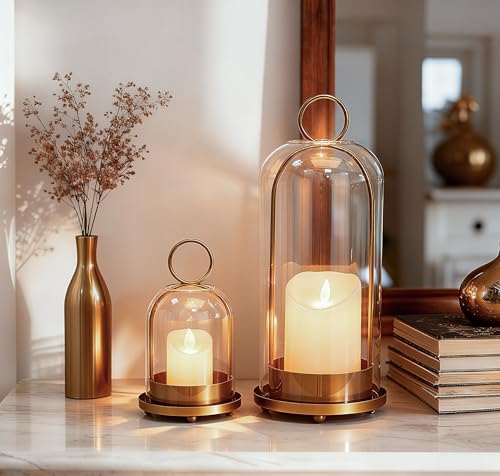Hurricane Candle Holders Set of 2, 5" & 4" Metal and Glass Candle Lantern with Clear Dome for Pillar Candle, Wedding & Christmas Table Centerpiece, Farmhouse Home Decor (Brass, Large & Small) - color: Brass