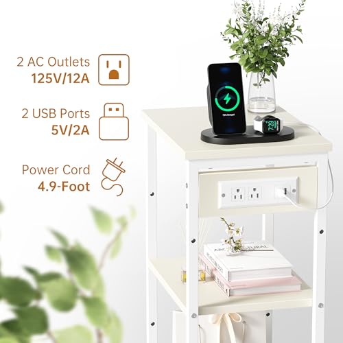 Asgolion Tall End Table with Charging Station, 3 Tier Narrow Tall Nightstand with Storage, Slim Side Table for Bedroom, Living Room, Nursery, Office, Cream White - color: Cream White, style: With Outlet