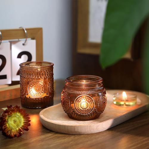DARJEN 24Pcs Amber Votive Candle Holders - Vintage Glass Candle Holder, Candle Holders Bulk for Wedding & Home Decoration, Tea Lights Candle Holders for Festival Party Gift - color: Amber