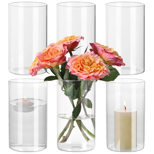 SUPMIND 6 Pack Glass Cylinder Vase for Table Centerpieces, 6 Inch Clear Glass Flower Vases Bulk Glass Hurricane Candle Holder Small Floral Vases for Table, Floating Candle Vase for Wedding Home Décor - size: 6" Height