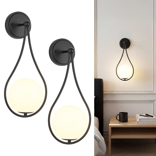 Mid-Century Wall Sconces Set of 2 Black Modern Globe Wall Lighting Indoor Hardwired Wall Lights for Hallway Office,Porch, Bedroom, Living Room,Stairway - color: Black