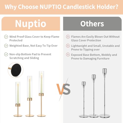 NUPTIO Hurricane Candlestick Holders for Centerpiece: Gold Taper Candles Stick Holders with Clear Glass Chimney - Tall Candleholder Set of 3 for Birthday Party Outdoor Decor - color: Clear, size: 3pcs