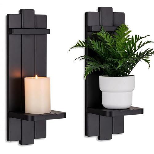 Candle Sconces Black Wall Decor Set of 2 - Wood Wall Candle Holders Set of Two for Small Plants Pillar Candles Tealight - Gothic Distressed Decor for Living Room - color: Black, size: 15.7in x 5.1in