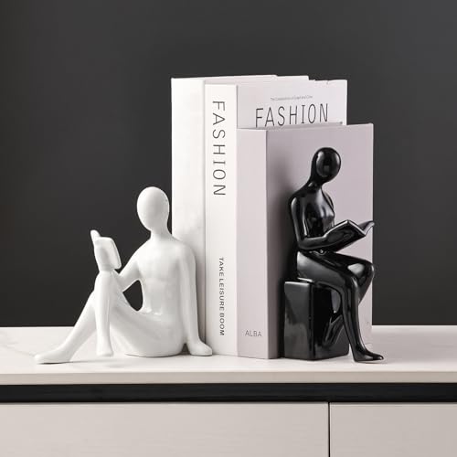 Ceramic Decorative Bookends, Book Ends for Shelves, Home Office Decor Aesthetic Statues Book Holders Stoppers for Bookshelf, Table, Bedroom Living Room Decoration (White and Black) - color: White and Black