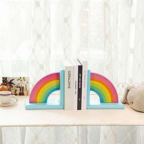 NIKKY HOME Wooden Rainbow Book Ends Non-Skid Cute Bookends Book Stoppers for Girls Home Children's Room Classroom Nursery Decor, Pack of 2