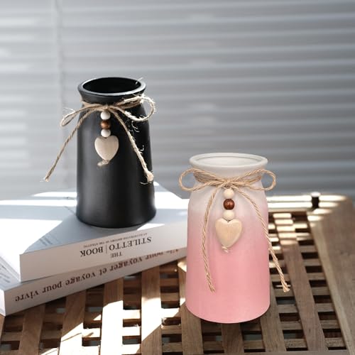 Decorative Ceramic Vase | 6-Inch with Jute Rope & Heart Charm | Perfect for Home, Office & Wedding Décor, Pink Color - color: Pink