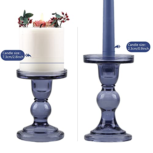 GMWD 3 Pcs Glass Candle Holder Set Clear, Blue Candlesticks Holders Pillar Taper Candles Tealight Stand for Wedding Centerpieces Home Decorations Dining Table - color: Blue