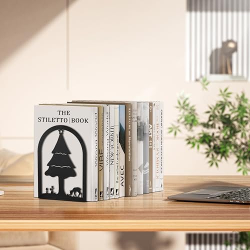 Aertiavty 2 Pcs Bookends for Shelves, Heavy-Duty Morden Tree Book Ends, Non-Skid Metal Bookends, 1 Pair Large Decorative Book Holder for Home and Office, Black Book Stopper, Forest - style: Tree