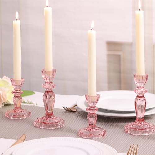 Pink Candlestick Holders Set of 6, Taper Candle Holders, 4.3" H & 6.3" H Glass Candle Holder for Candlesticks & Pillar Candles, Candle Holder for Table Centerpieces, Wedding and Mother's Day - color: Pink
