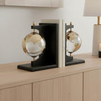 Modern Glass Globe Bookends with Wood Base - Decorative Book Accessories and Home Library Shelf Decor - Sculptural Book Ends for Stylish Bookshelf, Office Accent, or Desk Decor - Set of 2, 9", Black