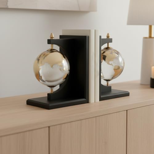 Modern Glass Globe Bookends with Wood Base - Decorative Book Accessories and Home Library Shelf Decor - Sculptural Book Ends for Stylish Bookshelf, Office Accent, or Desk Decor - Set of 2, 9", Black