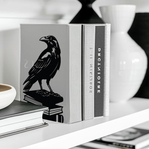 Peacoblue Metal Bookends for Shelves, Modern Decorative Heavy Duty Study Book Support Stoppers for Office, Desk, Shelf, Room 5.3"x4.3"x7.9" Cast Iron Simple Tall Bookends, 1 Pair (Crow on Book Stack) - style: Crow on Book Stack
