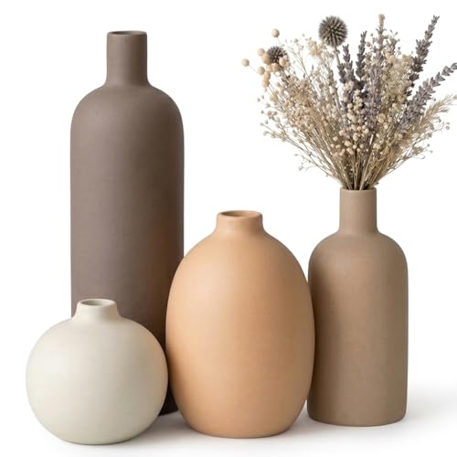 Ceramic Vase Set of 4 – Handmade Boho Neutral Farmhouse Pottery Vases for Pampas Grass, Modern Dried or Fresh Flowers, Decorative Vases for Living Room, Table, Shelf & Entryway
