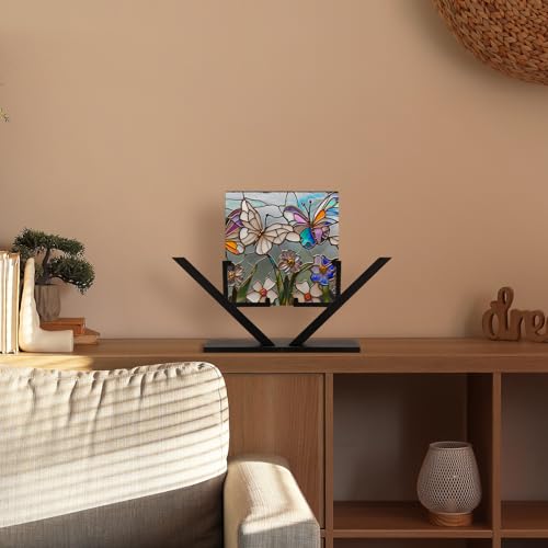RattanView 2 Pcs Metal Glass Display Stands Square Art Glass Display Easel Stained Ceramic Holder Tiles Plaques Stand for Picture Collectibles Ceramic Tiles Photo Office Trade Show Home