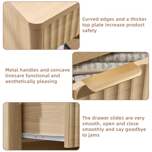 LEYAOYAO 31" Wide Fluted Nightstand with Charging Station, Oversized Extra Large 1 Drawer Night Stand with Golden Handle, Natural Wood Bedside Table Tall End Tables,for Bedroom, Living Room, Hallway - color: Natural, size: 1 Drawers