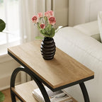 LITTLE TREE 3-Tier End Table, Side Table with Storage Shelves, Small Sofa Side Table for Living Room, Wooden Side End Table with Double Round Metal Legs, Slim Nightstand and Bedside Table, Oak - color: Oak