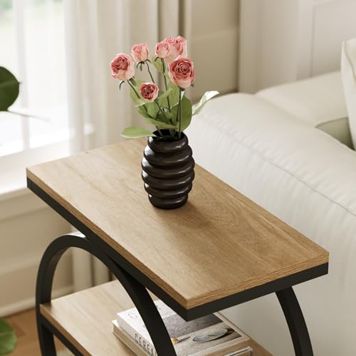 LITTLE TREE 3-Tier End Table, Side Table with Storage Shelves, Small Sofa Side Table for Living Room, Wooden Side End Table with Double Round Metal Legs, Slim Nightstand and Bedside Table, Oak - color: Oak