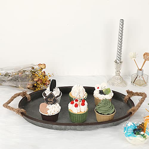 Hipiwe Galvanized Metal Iron Oval Tray with Rope Handle Farmhouse Serving Tray Rustic Industrial Decorative Centerpiece for Coffee Table Weddings and Parties Decor, Large - size: 15.4" x 9.8" x 1.6"