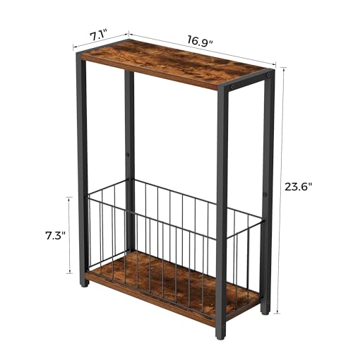 Homleke Narrow Side Table with Magazine Holder, Skinny End Table Perfect for Small Spaces, Space-Saving Design for Living Room, Bedroom, or Office, 7.1" D x 16.9" W x 23.6" H, Rustic Brown - color: Rustic Brown - Standard