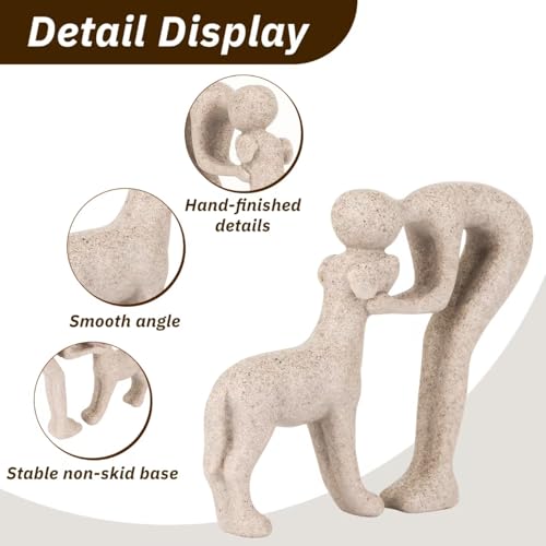 Human and Dog Hugging Sculpture Decor - Forever Loved Pet Memorial Statue Gifts, Decorative Figurine for Home, Shelf, Desk & Office (Sandstone)