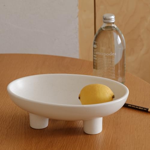 WENSHUO Three-Legs Ceramic Fruit Bowl for Kitchen Counter, Decorative Bowl for Table Décor, 10-inch Oval Large Bowls for Breads (Nacre White) - color: Nacre White