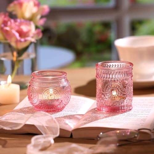 DARJEN 24Pcs Pink Votive Candle Holders- Glass Candle Holders Bulk for Flameless LED Tea Waxes, Romantic Candle Holder for Wedding Decor, Various Parties & Dinner Table - color: Pink