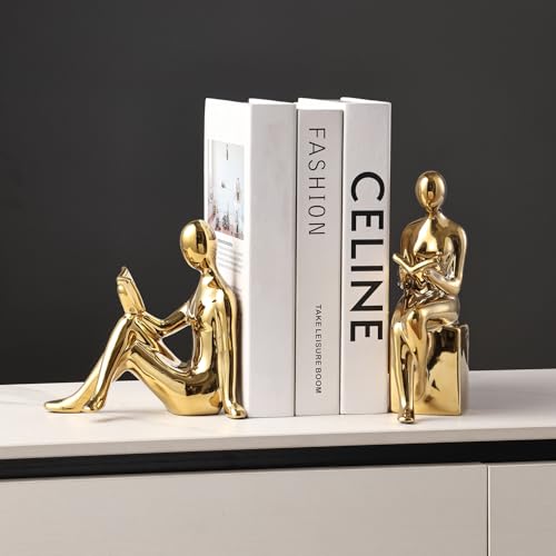 Ceramic Decorative Bookends, Book Ends for Shelves, Home Office Decor Aesthetic Statues Book Holders Stoppers for Bookshelf, Table, Bedroom Living Room Decoration (Gold) - color: Gold