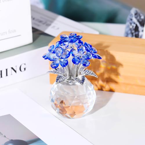 YWHL Blue Crystal Forget Me Not Flowers Gifts for Women, Handmade Glass Flower Bouquet Collectible Figurine for Tabletop Centerpieces - color: Blue
