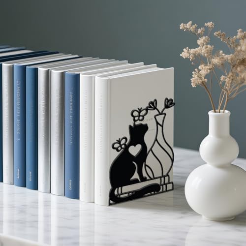 WADORN 1 Pair Cute Cat Flower Metal Decorative Bookend for Shelves, Heavy Duty Book Ends Modern Non-Skid Books Holder Stand Black Book Support Stoppers for Desk Bookshelf Office Home, 5.3x4.3x7.9 Inch - color: Vase Cat Flower