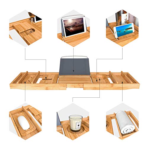 Domax Bathtub Caddy Tray Expandable Bamboo Tub Tray for Luxury Bath with Book Holder and Free Soap Dish Yellow - color: Yellow