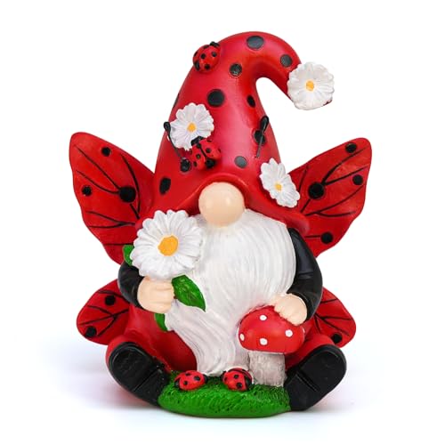 Ladybug Gnome Garden Decor, Fairy Gnome Figurine with Flowers, Spring Summer Outdoor Garden Decorations for Yard Lawn Patio, Garden Gifts for Women - color: Red
