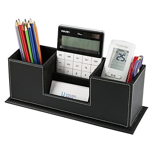 KINGFOM Office Supplies Desk Organizer PU Leather Storage Box 4 Divided Compartments for Pen Business Card Remote Control Mobile Phone Cosmetics Collection Holder (Black) - color: Black-L