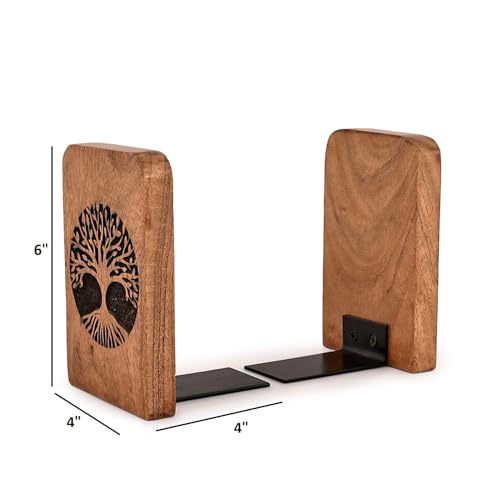 Kaizen Casa Bookends Iron & Acacia Wood Book Holders for Heavy Books - Fancy Modern Decorative Book Accessories (4" X 4" X 6") (Set of 2)
