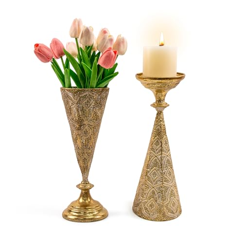 Farmhouse Gold Candle Holders for Pillar Candles, Metal Distressed Set of 2 Retro Flower Design Pillar Candle Stand Dual Use, Can be Vase Table Centerpiece Decor for Fireplace, Living, and Dining Room