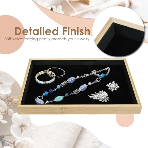 MOOCA 2 Pcs Bamboo Jewelry Display Tray, Presentation Tray, Organizer for Rings, Necklaces, Earrings, and Accessories, Black Color, 14" W x 9.6" D x 1.2" H - color: 1 Compartment, Black