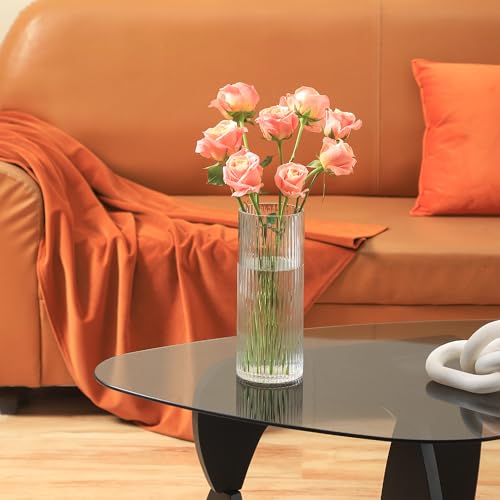 Clear Glass Vase, Glass Flower Vase, Ribbed Glass Vase, Clear Vase, Tall Cylinder Glass Vases for Centerpieces, Living Room, Dining Table, Office, Wedding, Bookshelf Decoration, 9.8 Inches - color: Clear, size: 10''