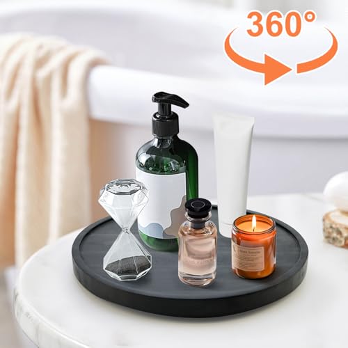 Black Wooden Bathroom Tray Round Perfume Dresser Trays for Vanity Small Wood Lazy Susan Turntable for Table Decorative Kitchen Sink Soap Holder Rotating Bathroom Countertop Decor Organizer Accessories - size: 10"