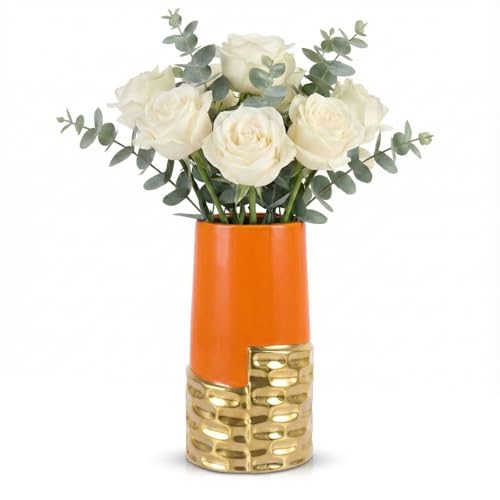 LCCCK 7.0" Gold Hammered Vase Home Decor, Elegant Ceramic Orange and Gold Flower Vase for Pampas Grass Decorative, Boho Small Cylinder Vases Centerpiece, Dining Table Living Room Jarrones Art - color: Orange and Gold