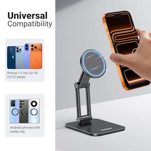 UGREEN Magnetic Phone Stand Compatible with MagSafe Holder for Desk Ergonomic Design Adjustable, Aluminum Cell Phone Stand Compatible for iPhone 17 Air 16 15 14 13 12 Pro Max and MagSafe Case, Black - color: Black