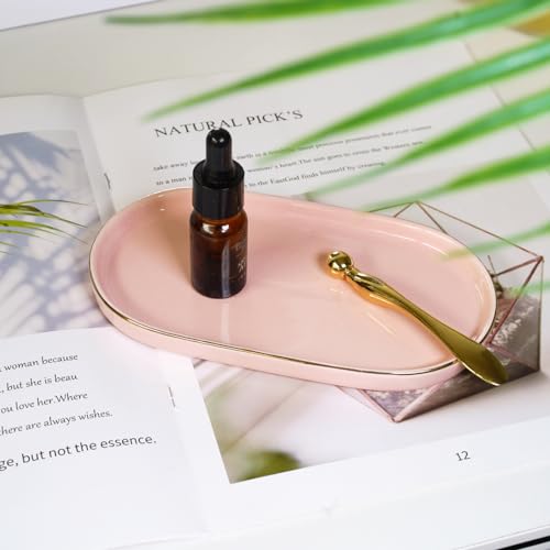 Ceramic Jewelry Dish, Perfume Vanity Tray, 7x4 Decorative Catch All Bowl for Trinket Key Ring, Small Bathroom Counter Tray, Soap Tray for Kitchen Sink (Pink) - color: Pink
