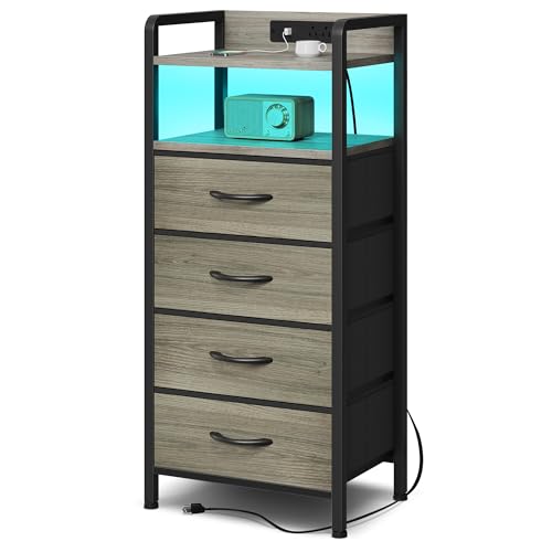 Lazzanto Grey NightStand with Charging Station - Morden Nightstand with USB Ports & AC Outlets, Grey End Table with Storage Shelf & 4 Fabric Drawers, LED Light Strip - color: Grey, size: 4 Drawers