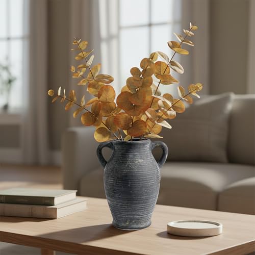 Sunddo Black Vases Home Decor, Rustic Farmhouse Ceramic Vase with 2 Handles, Vintage Stone Pottery Decorative, Living Room, Shelf Enterway, Wedding, Table Decor - color: Rustic Black - 8, size: 8 Inch