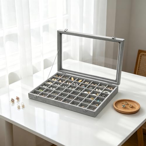 Stratalife Jewelry Organizer 48 Grid Jewelry Trays with Dust-proof Lid Velvet Earring Organizer Ring Holder Accessories Box Necklaces Earrings Storage for Women Drawers Gray - color: Gray, size: 48 Grid