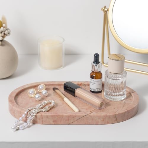 Cream Rose Marble Oval Tray 10x6 Inch - Vanity & Bathroom Organizer, Coffee Table Decor - Weighted Stone Base - style: Cream Rose - 1 Pack