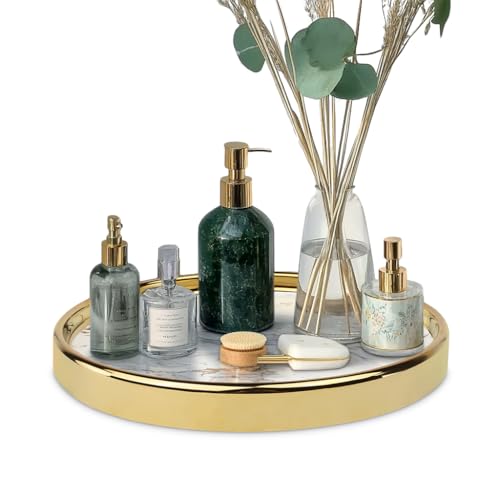 Round Marble Decorative Tray, Multi-Functional Storage Organizer for Vanity, Coffee Table, Jewelry, Perfumes and Home Decor, Luxury Accent Tray - color: White, size: 8.6"
