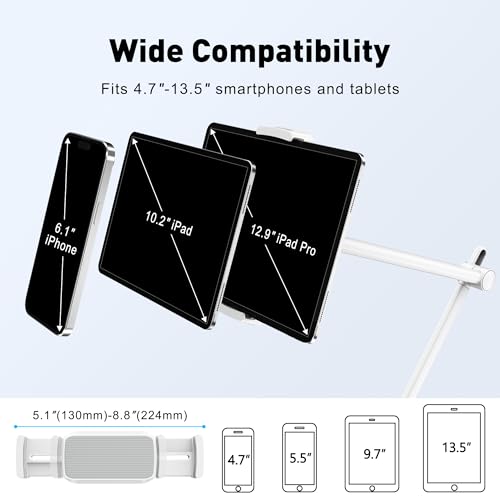 AboveTEK Tablet Stand Holder for Desk & Bed, Aluminum iPad Holder Arm with 360° Rotating Clamp, Adjustable Phone Stand Compatible with 4.7"-13.5" iPad Pro/Air/Mini, iPhone, Galaxy Tab- White - color: White